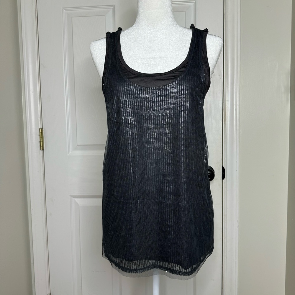 Banana Republic Sequin Front Mixed Media Black/Grey Razorback Tank Top size M